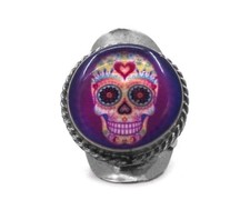 Purple Sugar Skull Round Metal Adjustable Ring Day of the Dead Boho Art Jewelry