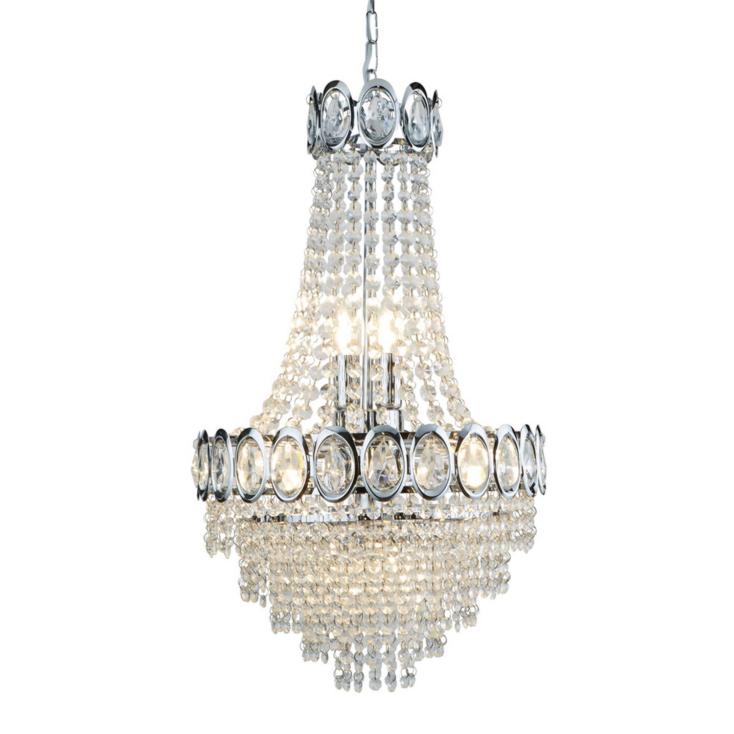 6 Lights Chrome Chandelier Ceiling Light With Clear Crystal Strings and Beads