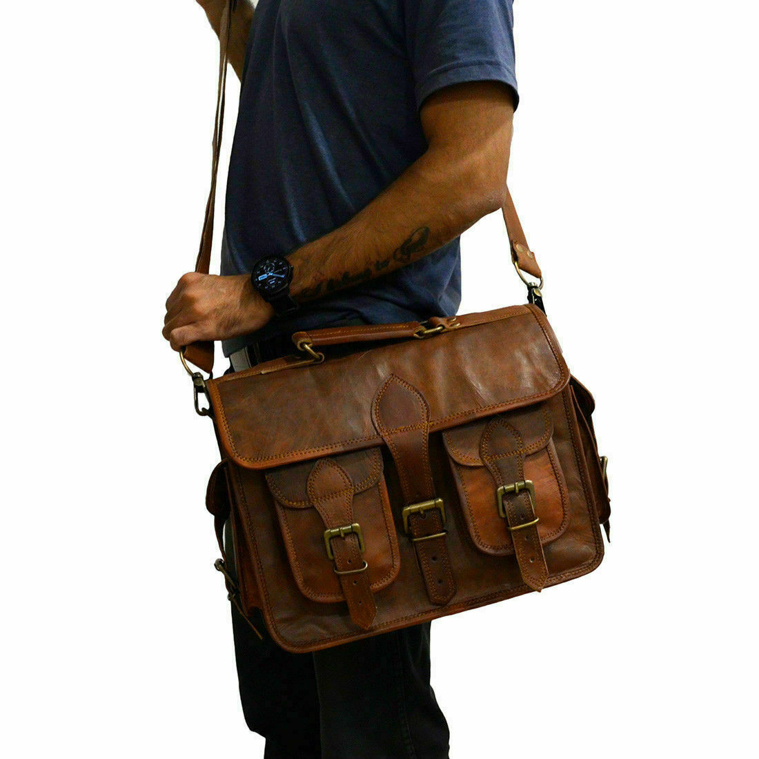 Mens Vintage Leather Messenger Man Business Laptop Briefcase Satchel Bag