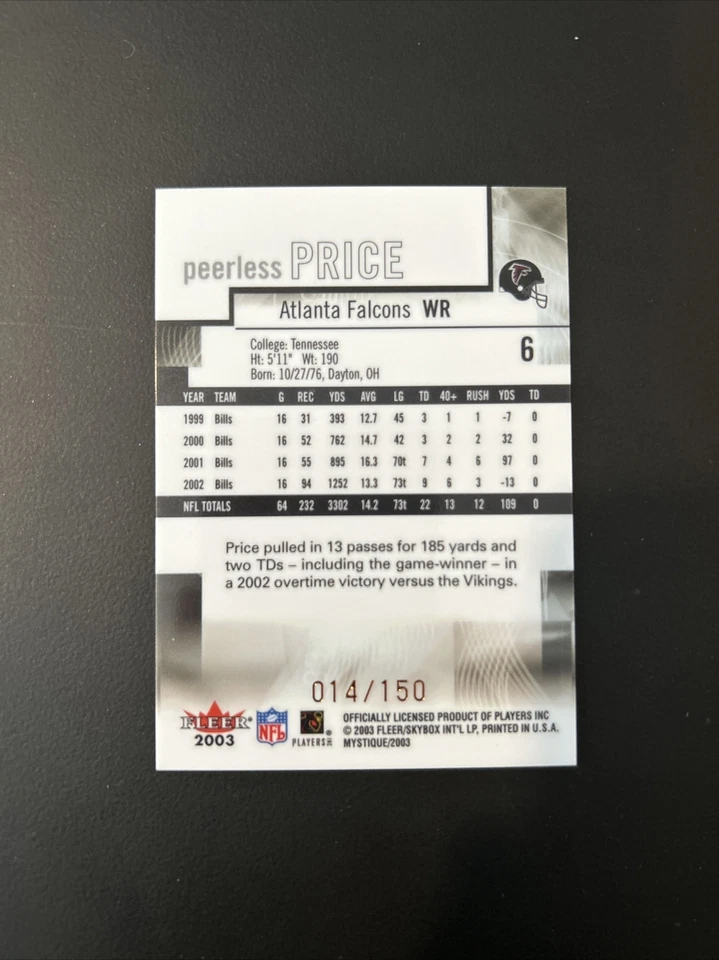 2003 Fleer Mystique Gold /150 Peerless Price #6 SP Falcons Bills GOLD - Image 2 of 2