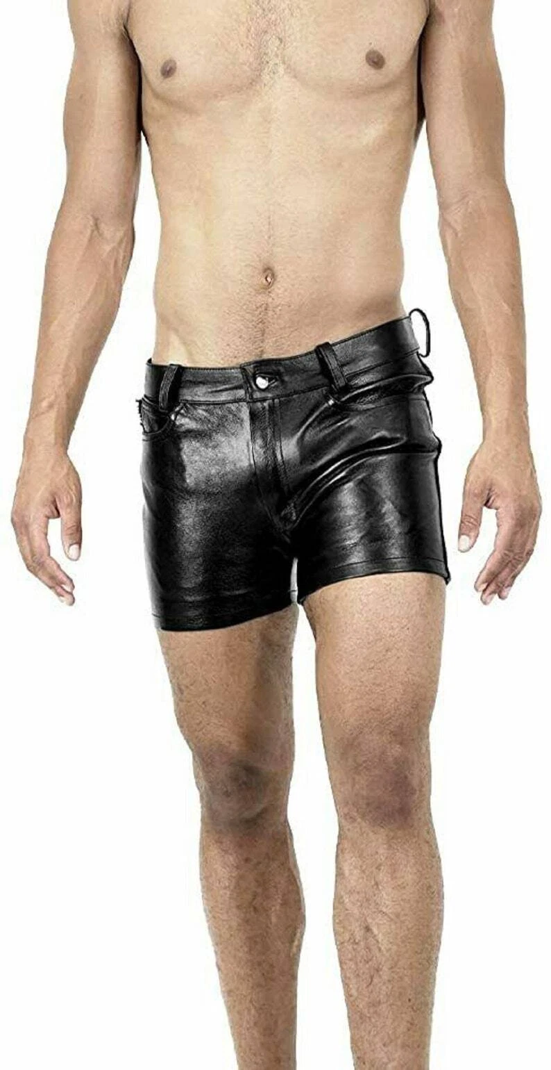 Men Geniune Leather Shorts Black Casual 5 Pockets Short Zipper Fly Leather Short