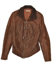 Stefanel Womens Leather Jacket Uk 10 Small Brown Hu02