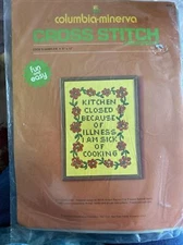 Vintage 1974 “Kitchen Closed Sick of Cooking” Cross Stitch Kit Columbia-Minerva