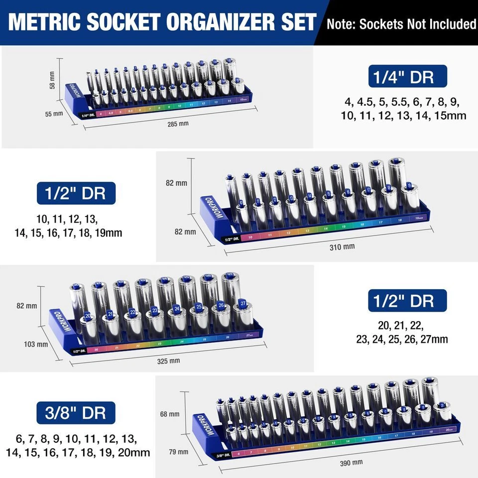 WORKPRO 4PC Metric Socket Organizer Set Socket Holder 1/4" 3/8" 1/2" Socket Tray - Image 3 of 4