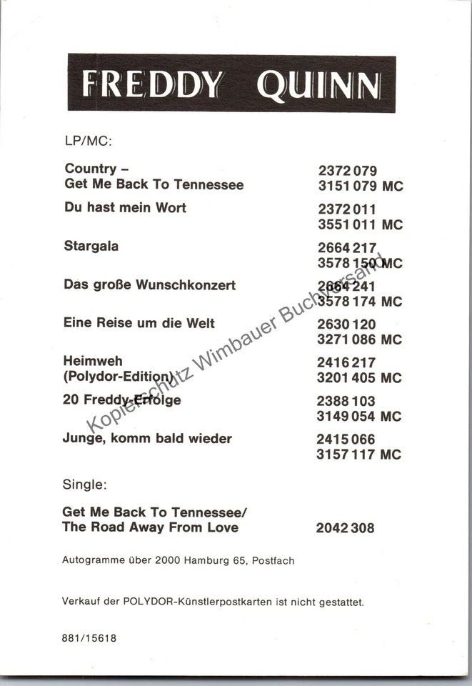Original Autogramm Freddy Quinn /// Autogramm Autograph signiert signed s 352934 - Bild 2 von 2