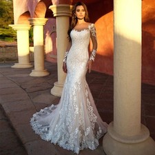 Lace Mermaid Wedding Dress Floor Length Full Sleeves Scoop Neck Bridal Gowns