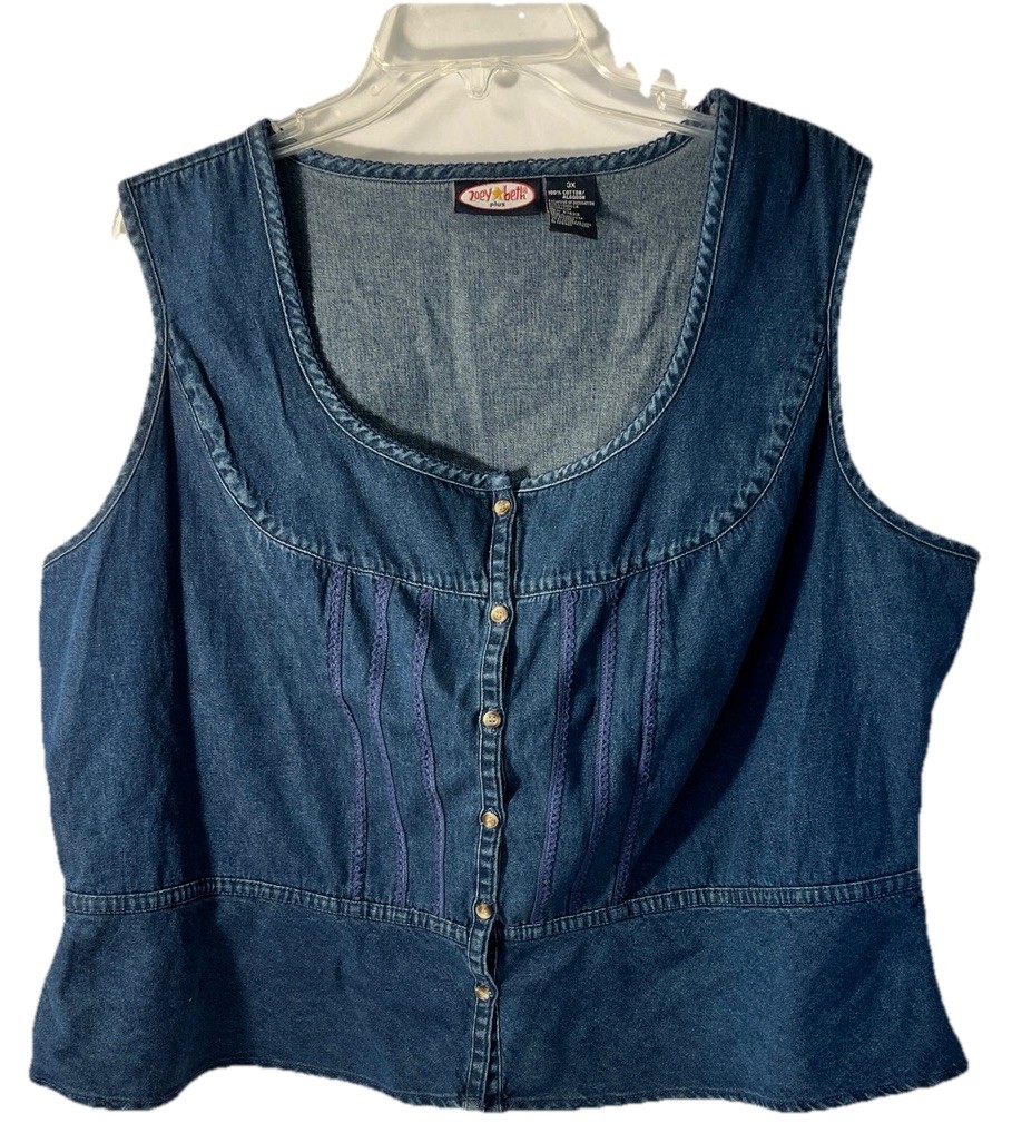 Zoey Beth Plus Woman’s Denim Vest Sz 3XL Dark Blue Peplum Bottom Scoop Neck