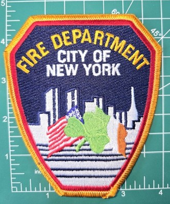 FDNY Patch   NYC Skyline, American & Irish Flags, Shamrock Emblem