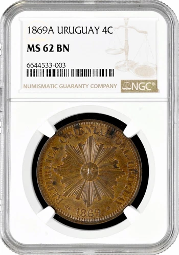 Uruguay 4 centesimos 1869 A, NGC MS62 BN, "Peso (1862 - 1974)"