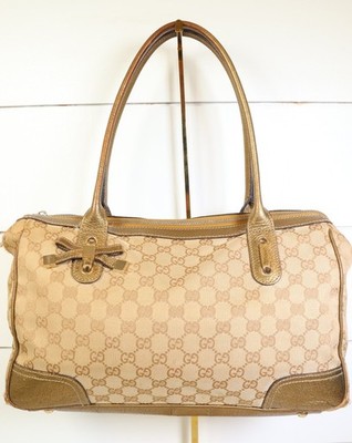 GUCCI Princy GG Canvas Leather Tote Shoulder Bag Beige Gold 177052