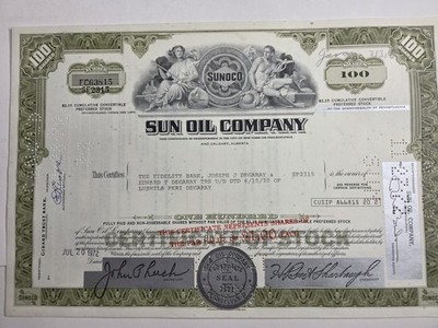 1972 Sun Oil Company 100 Shares Green Stock Certificate Sunoco Graphic VG Cond