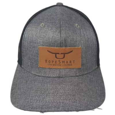 Rope Smart Trucker Hat Gray Black OS Snapback Faux Leather Patch Adjustable Mesh