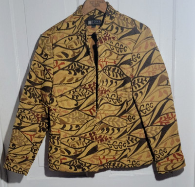 EUC Posh Tapestry Jacket Autumn Leaves Lined Artsy Elegant L Nehru Collar Asian