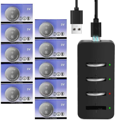 #ad CR2032 Rechargeable Battery with Charger 10 Pack 2032 LF2032 Lithium 3V Coin Bu $22.99