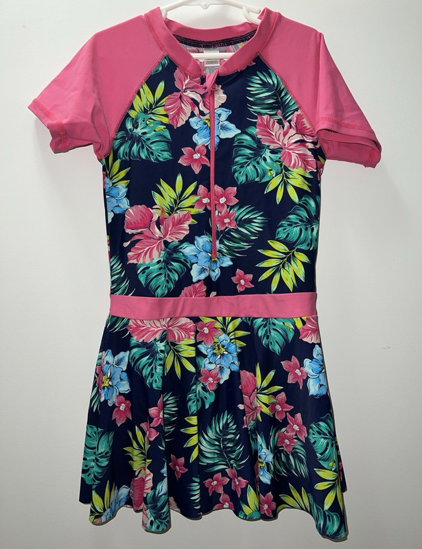 Girls Floral Tropical One-Piece Swim Dress Zip Front Pink/Navy 164/170