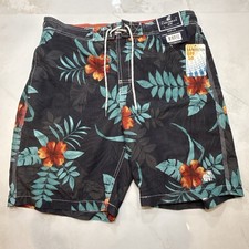 Caribbean Joe Men Swim Trunks Tropical Floral Black Drawstring L