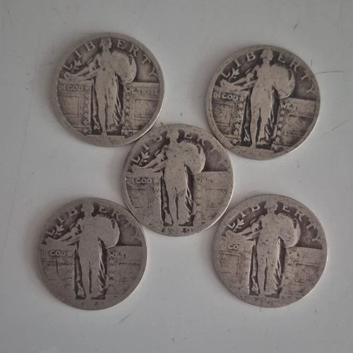 5 Standing Liberty Quarters Silver Circulated US 25C Coins Lot