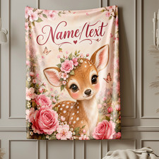 Personalized Floral Baby Deer Coral Fleece Blanket Woodland Decor
