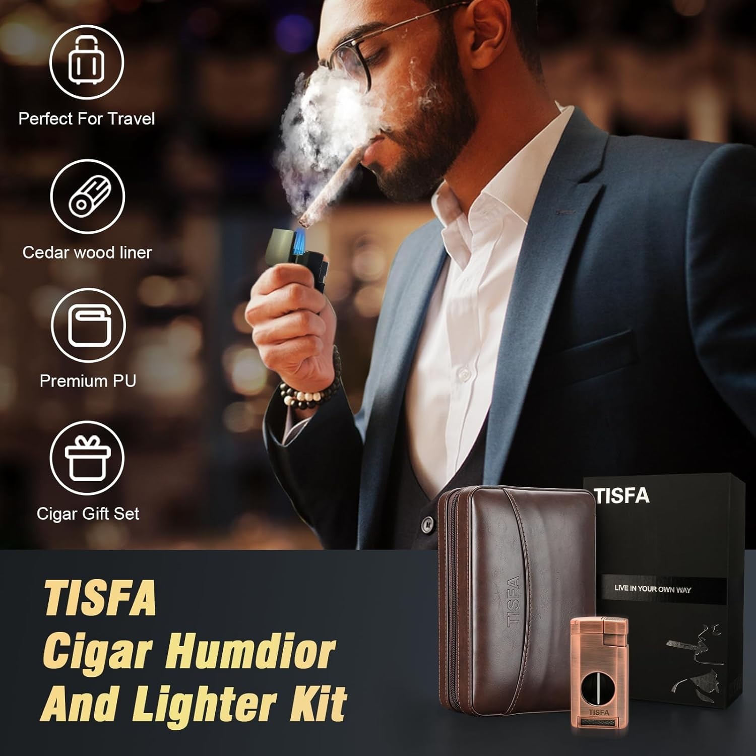 Luxury Cigar Humidor Gift Set with Cedar Wood, Lighter, & Cutter - Dark Brown