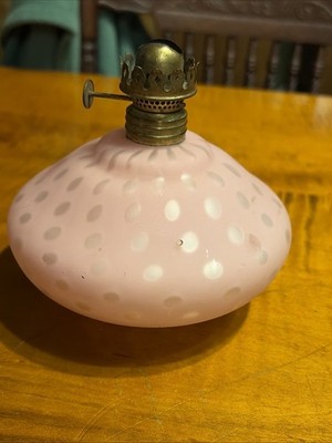 Antique Oil Lamp Pink Satin Glass Mother Of Pearl Raindrops Boudoir Lamp Base