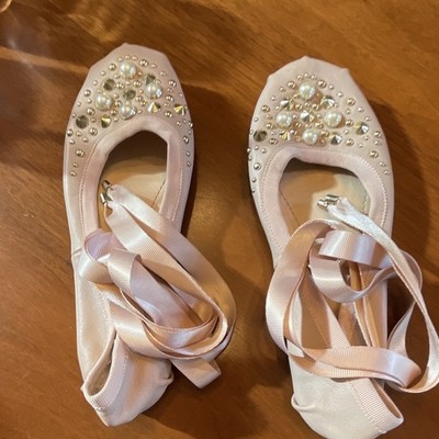 TOPSHOP Women s Pink Satin Ballet Flats w/ Ribbon Ties Pearl/Stud Embellish