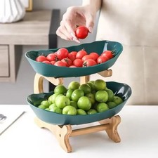 Bamboo 2/3 Tier Fruit Bowl Stand Serving Tray Tabletop Snack Dessert DisplayRack