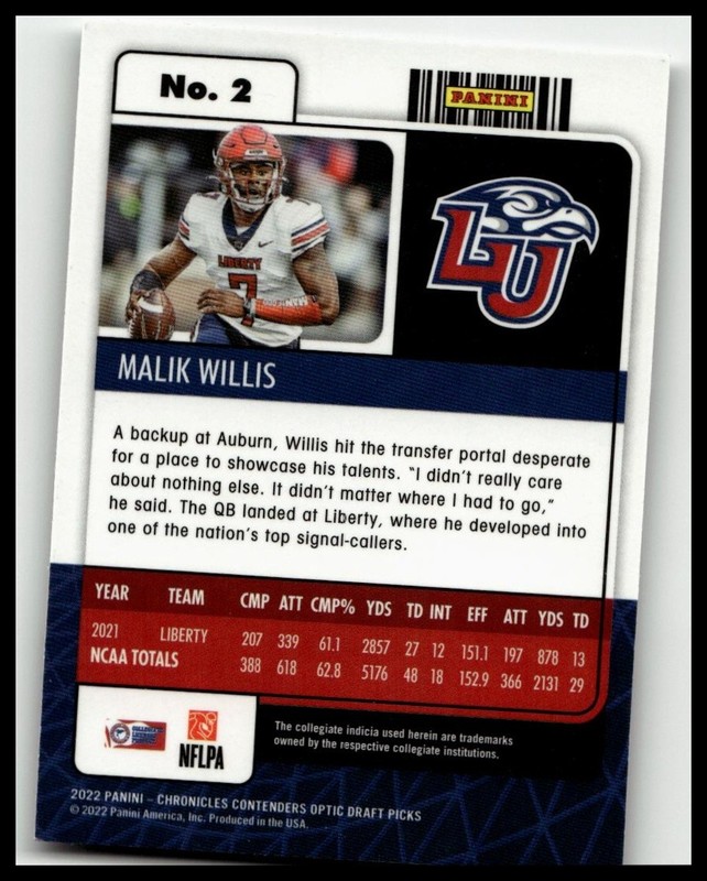 2022 Panini Chronicles Draft Picks #2 Malik Willis Contenders Optic