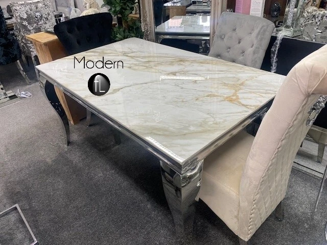 White Ceramic 1.5m dining table with gold vein white marble pattern