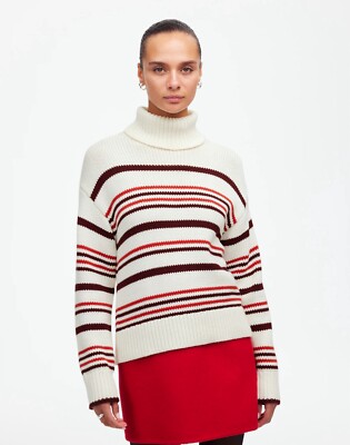 Madewell Ribbed Cotton Turtleneck Sweater in Stripe Cabernet Burgundy Red XS