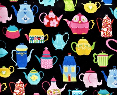 Novelty Coffee Pots Fabric,Black Background,Colorful Coffee Pots,Cotton,44x36''