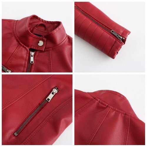 Women's Motorcycle Jacket Fashion Leather Stand Collar Slim Solid Color Zipper - Picture 9 of 15