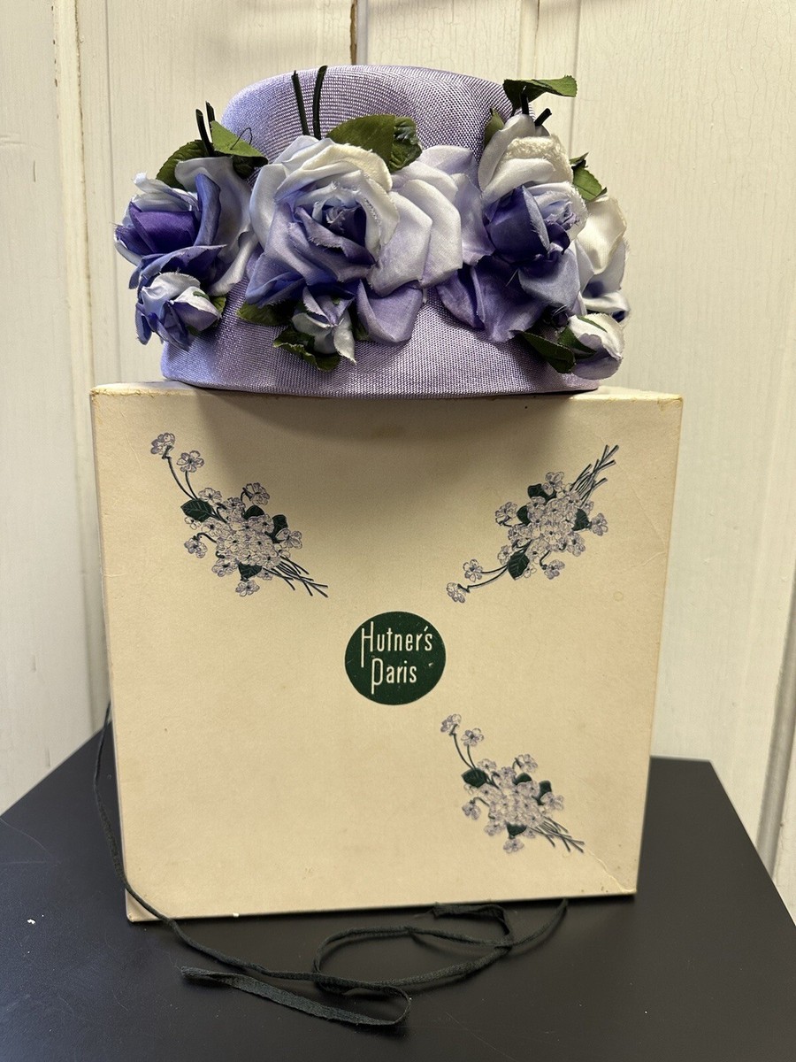 Vintage 1960s Lavender Purple Hat Floral Accents Original Box 1963 Receipt