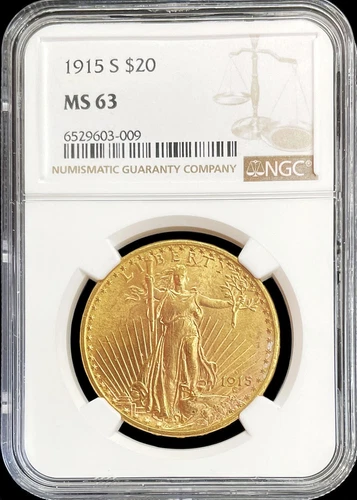 1915 S GOLD USA $ 20 SAINT GAUDENS COIN NGC MINT STATE 63