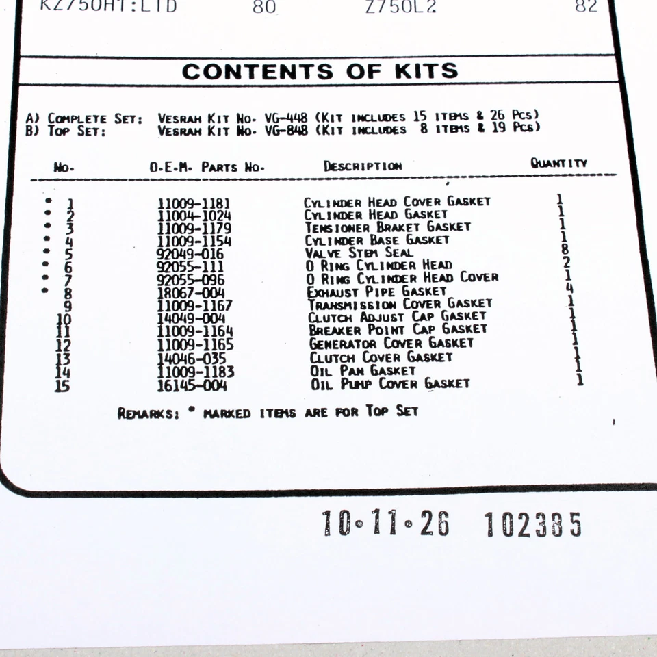 Engine gasket set complete for Kawasaki Z 750 E /H Ltd /L (KZ750E/KZ750H) 80-82 - Image 3 of 3