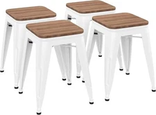 18Inch Stools Set of 4,Industrial Metal Dining Chair withWooden Seat Cream White