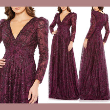 NEW $898 Mac Duggal [ 8 ] Embellished V Neck Long Sleeve A Line Gown Plum G1521