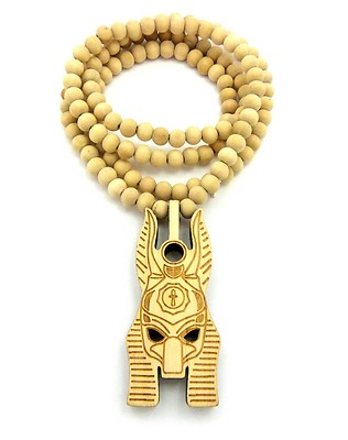 Egyptian Anubis Head Pendant Necklace With 30 Wood Beads - Hip Hop Style Chain, RC2391