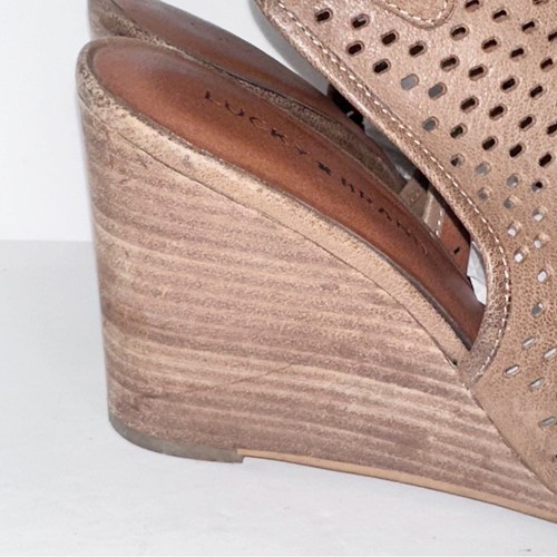 Lucky Brand Wedge Heel Open Toe Rozina Booties Brown Leather Sling Back Size 9.5 - Picture 8 of 10