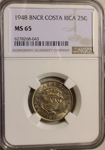 Costa Rica 25 Centimos 1948 BNCR NGC MS 65