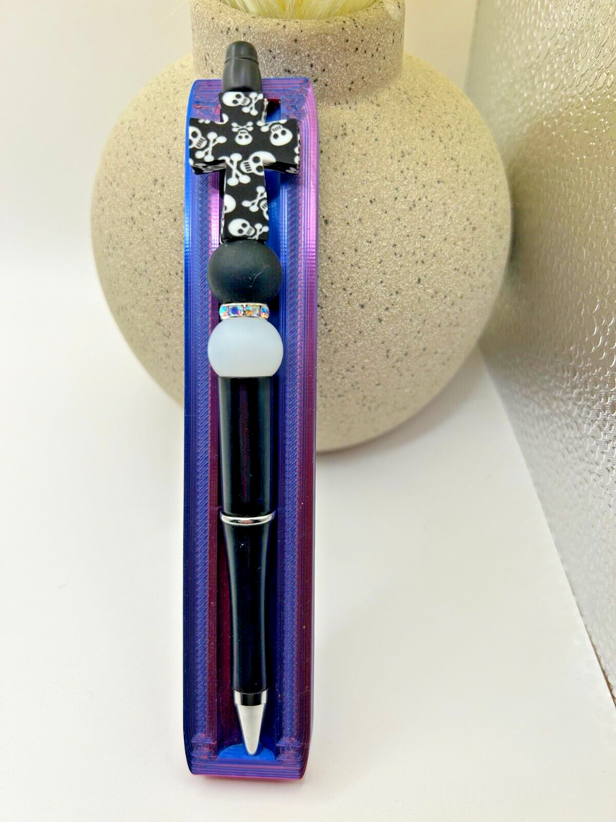 Custom beaded pen. Black Cross with Skull