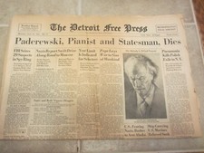 Detroit Free Press Newspaper June 30 1941 Paderewski Pianist Statesman Dies