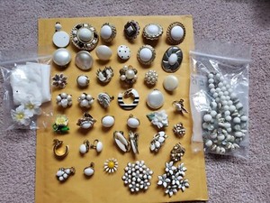 Vintage Costume Jewelry Mixed Lot Of 45 Items. WHITE. Good Condition. 
