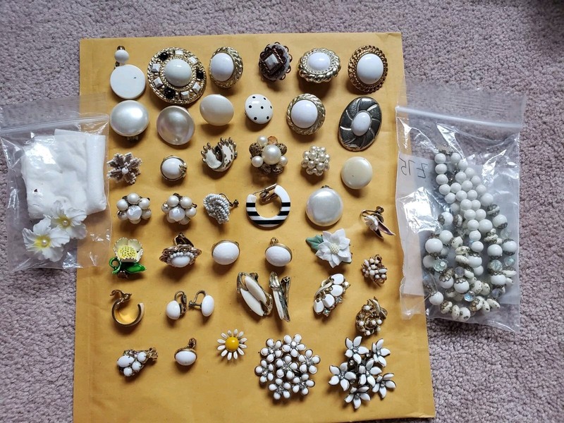 Vintage Costume Jewelry Mixed Lot Of 45 Items. WHITE. Good Condition. 