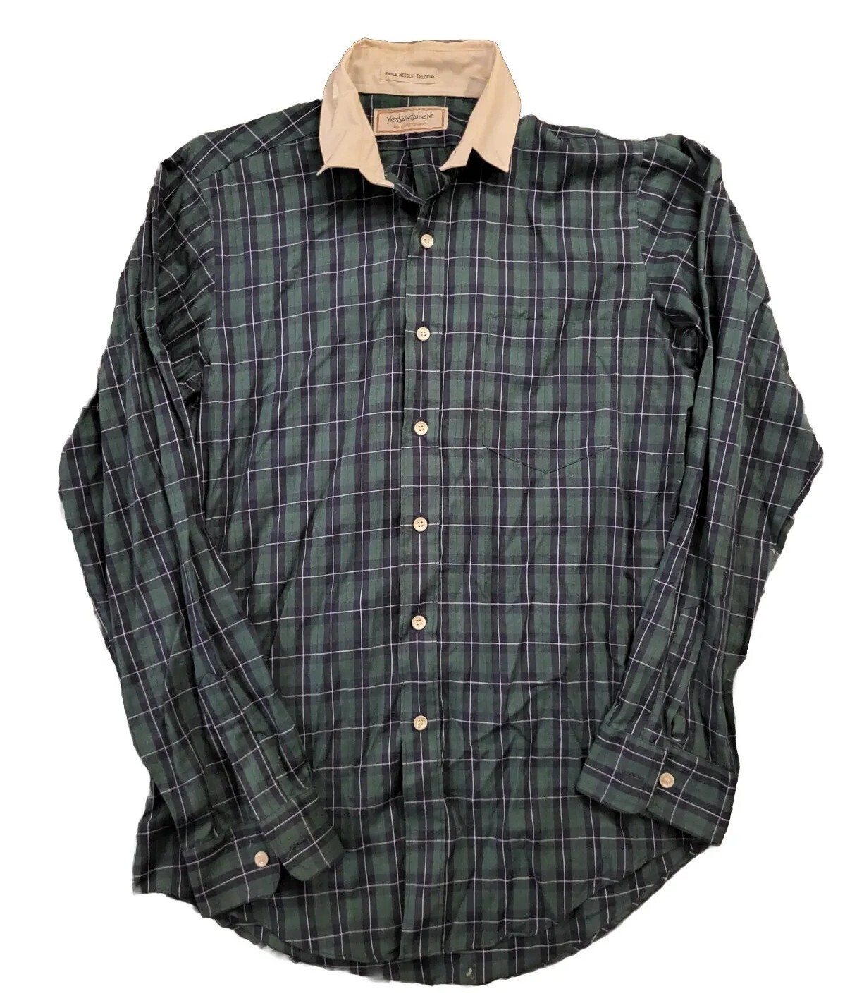 Abbigliamento sportivo ragazzo vintage Yves Saint Laurent taglia 18 verde blu a quadri con bottoni L S top