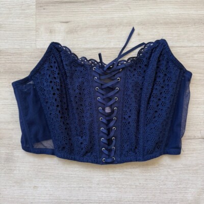 Victoria's Secret Corset Top Bustier XXL Blue Eyelet Lace Strapless