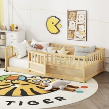 Twin Size Metal Floor Bed Frame with Safety Guardrails Door Montessori Bed