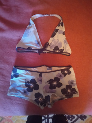 Vintage Y2k Boy Short Halter Swimsuit Hibiscus Flowers M