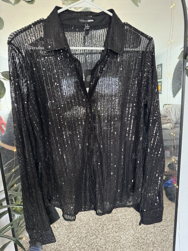 Fashion Nova Women's Black Sheer Mesh Sequin Collared Button-Up Blouse S