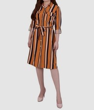 NY Collection Womens Orange Striped Roll Tab Shirt Dress Petite Sz PS