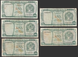 Lot of 5 Malta Banknotes One Pound £1 15 January 1973